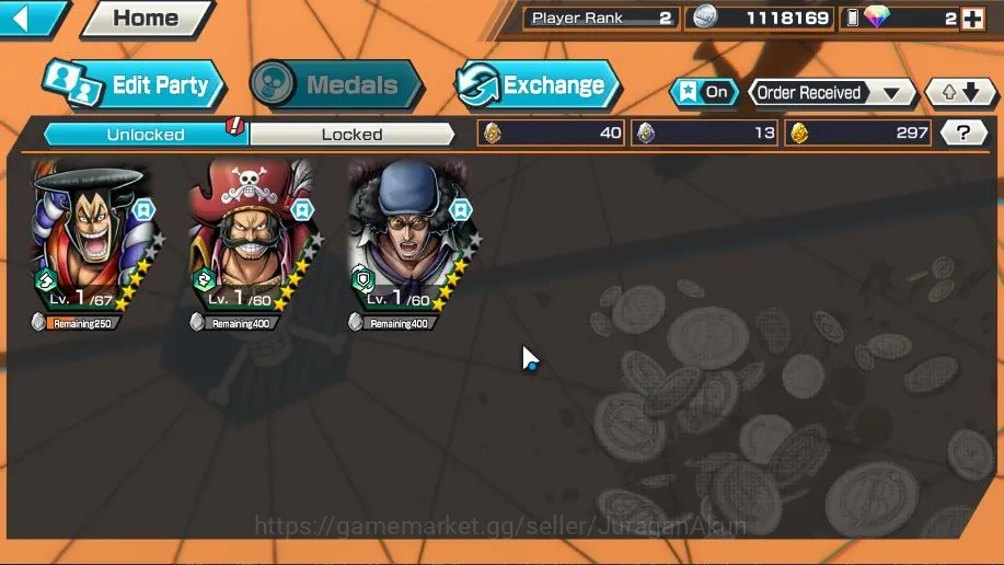 One Piece Bounty Rush Accounts Mid-Tier Global|3 META EX| Kozuki Oden,GoldD roger,Kuzam,Etc |Rank 02|Log Bandai|Check 4