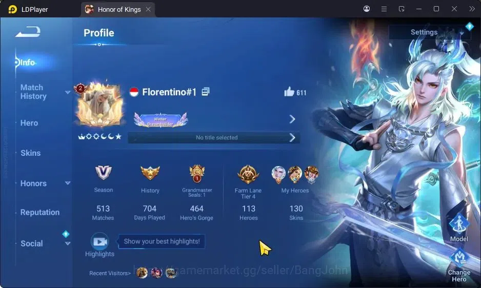 Honor of Kings Accounts Rare Skin Global|113H 130S|Legend DianWei,ConsortYu|LNY Nuwa,DaQiao|KIC Luna|JJK Garo|ShanHai Yaria 1