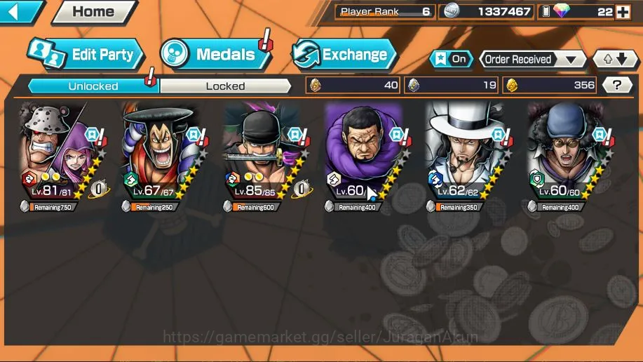 One Piece Bounty Rush Accounts Mid-Tier Global|3 META EX|Kuma/Bonney,Kozuki Oden,Rob Lucci,Etc |Rank 6|Log Bandai|Check 3