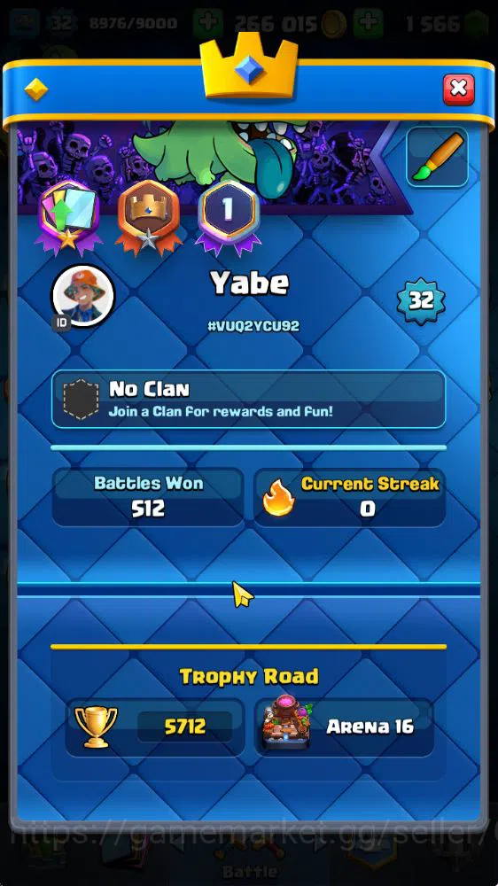 Clash Royale Accounts Midgame Lvl 32|Trophy 5712|KTL 11|Limited Skin|Card 108|7 Evo 1 Champ 16 Legend,32 Epic,30 Rare,29 2