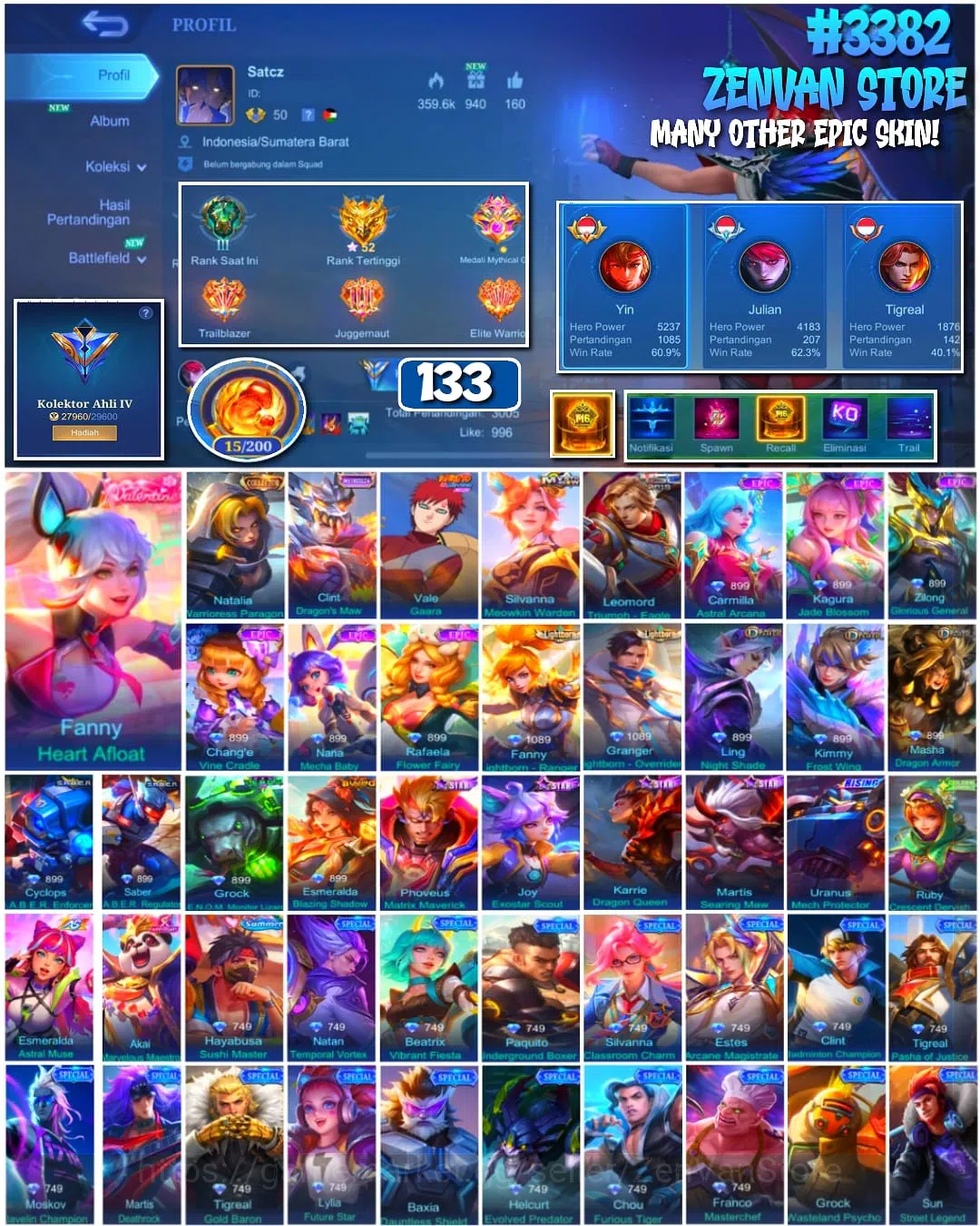 Mobile Legends: Bang Bang Accounts #3382 133 Skins | Collector Natalia | Gusion (Rare image 1