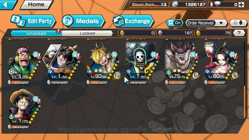 One Piece Bounty Rush Accounts Mid-Tier Global|2 META EX|Daimyo Of Kuri Kozuki Oden,Seraphim Snake|Rank 13|Log Bandai|Check 5