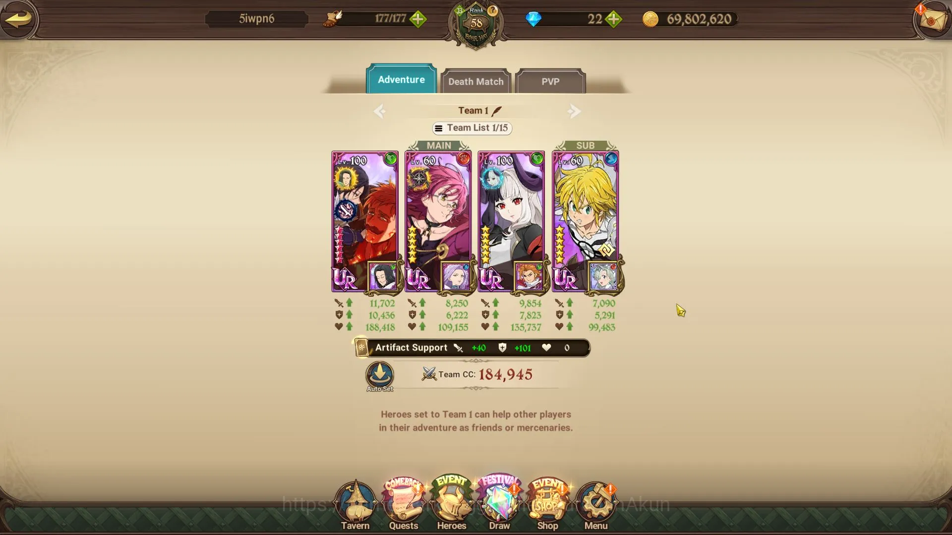 The Seven Deadly Sins: Grand Cross Accounts Midgame Asia|1,6M CC|CH 6|1 LR + 6 UR|Elizabeth,Merlin&Escanor 2