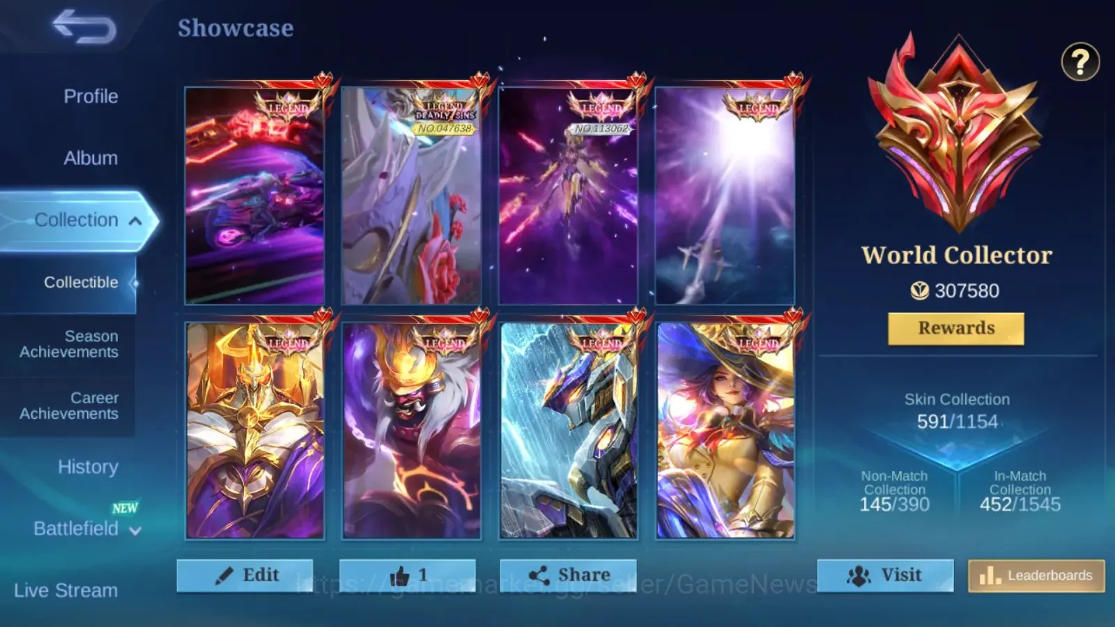 Mobile Legends: Bang Bang Accounts High Rank Global|591S|WorldColl|GoodAccount|9 Legend(Full Animation+Button)|Full 1