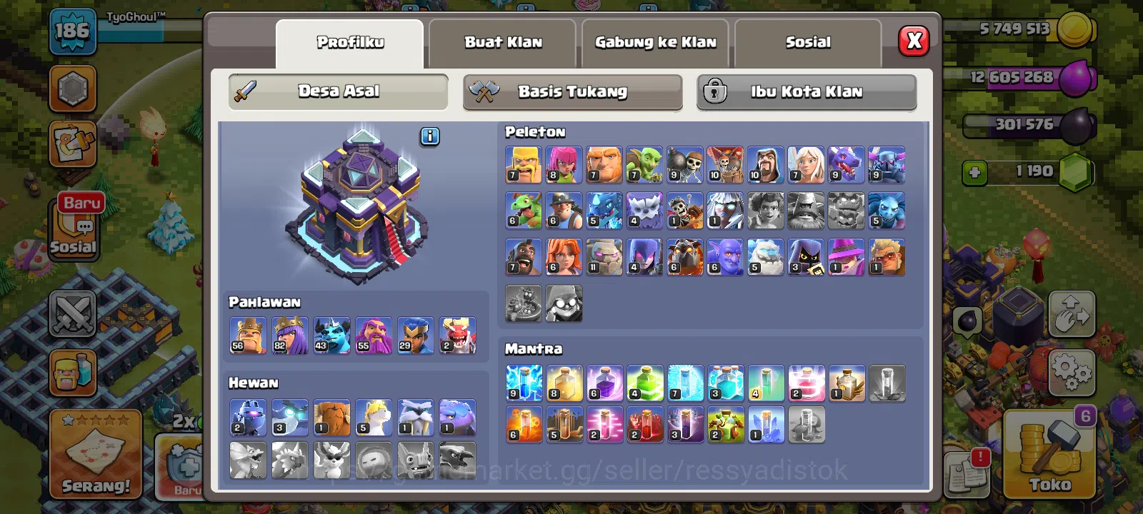 Clash of Clans Accounts High-End Th 15 Xp 186 GG WALL GOOD LOOKING HEROES 56-82-43-55-29-2 BH:9 6 HERO EQUIPMENT EPIC 1