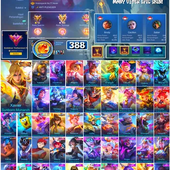 Mobile Legends: Bang Bang Accounts #4609 388 Skins | Xavier Sunborn Monarch (COLLECTOR) | Angela Heartstring (SANRIO