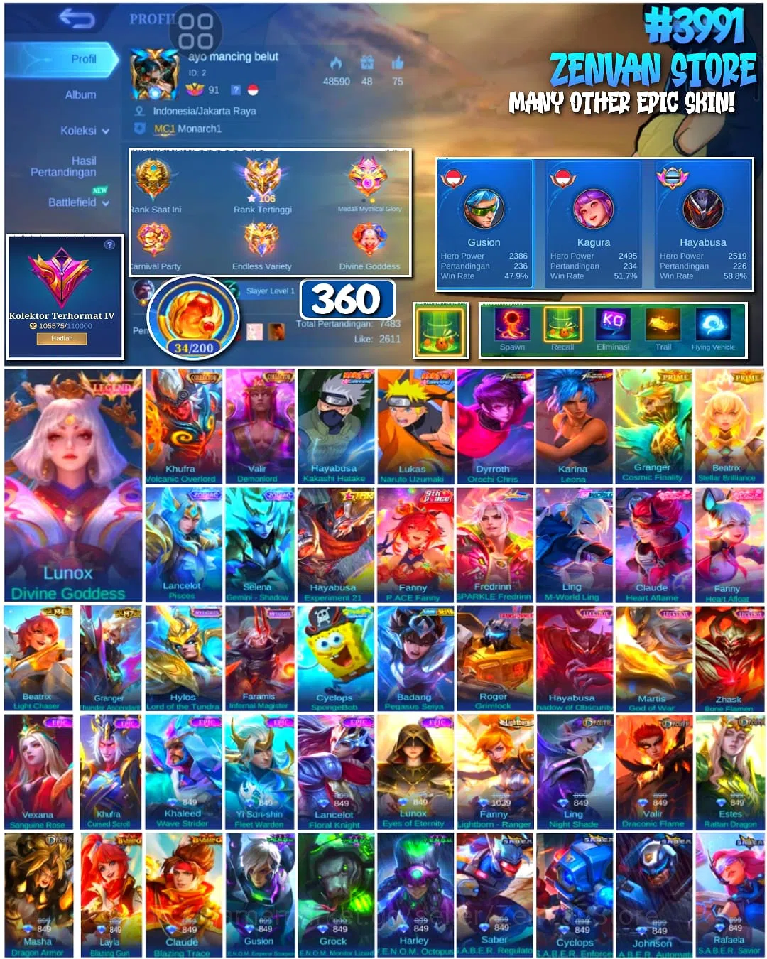 Mobile Legends: Bang Bang Accounts π₯ #3991 π₯ 360 Skins π Renowned Collector IV π Legend Skin βοΈ Naruto Kakashi Hayabusa 1