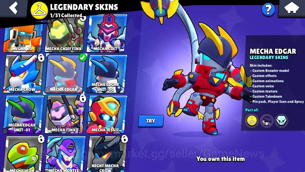 Brawl Stars Accounts 2091 Trophy|24 Brawlers 4 Max|5k PP|1 Prestige|1 Legendary(Mecha Edgar),1 Mythic(Gridiron Otis),4 11