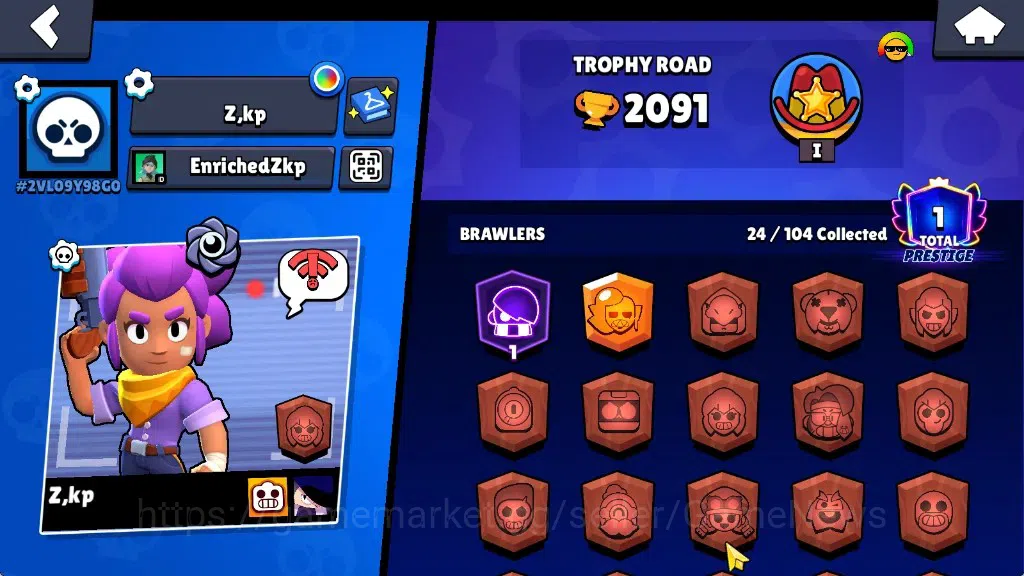 Brawl Stars Accounts 2091 Trophy|24 Brawlers 4 Max|5k PP|1 Prestige|1 Legendary(Mecha Edgar),1 Mythic(Gridiron Otis),4 2
