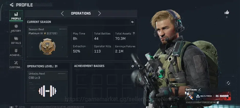 Delta Force Accounts ASIA |OL 31|TA 70M(Alloy 52M)|6 Legendary Weapon Skin (Scar H Inky,P90 Doc,4 Black Ice)|Stash lv3|HQ 1