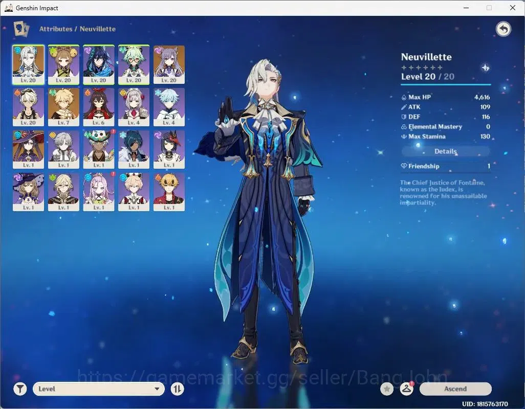 Genshin Impact Accounts ASIA|AR 11|Starter|1 Limited|Neuvillette|MC Male|G image 13
