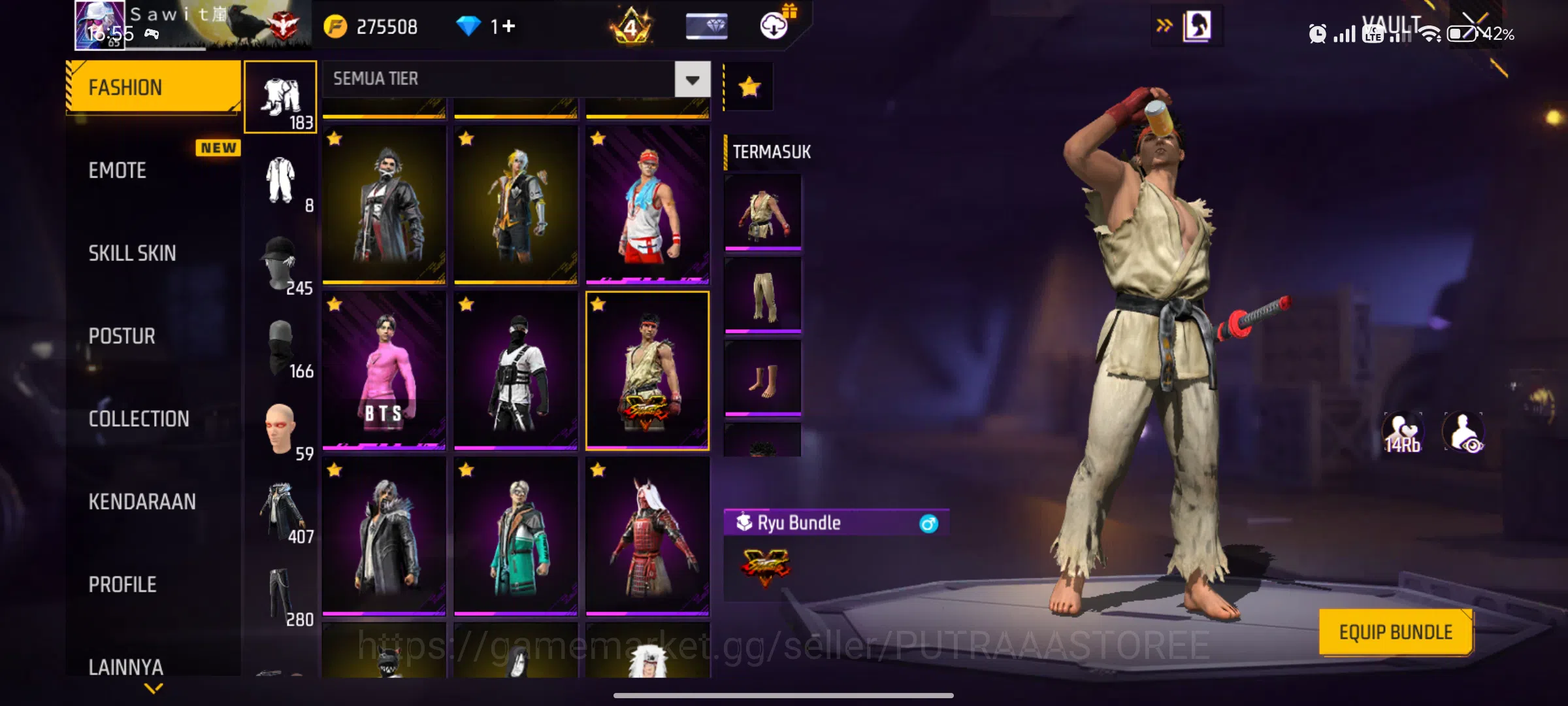 Free Fire Accounts FOR INDONESIA | SET BUDI 01 GAMING | SET WISANA | OUTFIT TOTAL 1422 | BUNDLE NARUTO | BUNDLE BTS | EVO 17