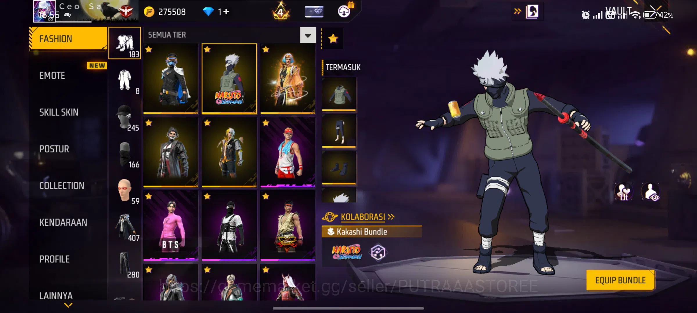 Free Fire Accounts FOR INDONESIA | SET BUDI 01 GAMING | SET WISANA | OUTFIT TOTAL 1422 | BUNDLE NARUTO | BUNDLE BTS | EVO 18