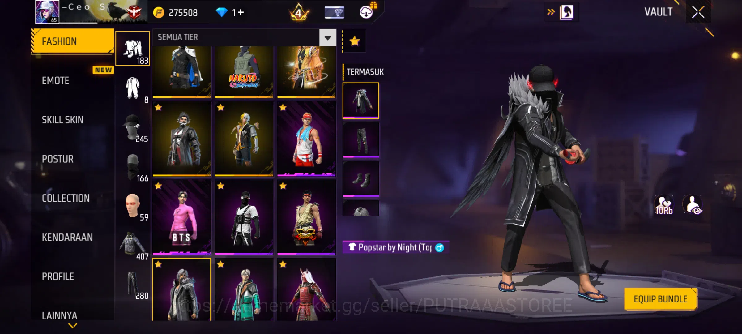 Free Fire Accounts FOR INDONESIA | SET BUDI 01 GAMING | SET WISANA | OUTFIT TOTAL 1422 | BUNDLE NARUTO | BUNDLE BTS | EVO 2