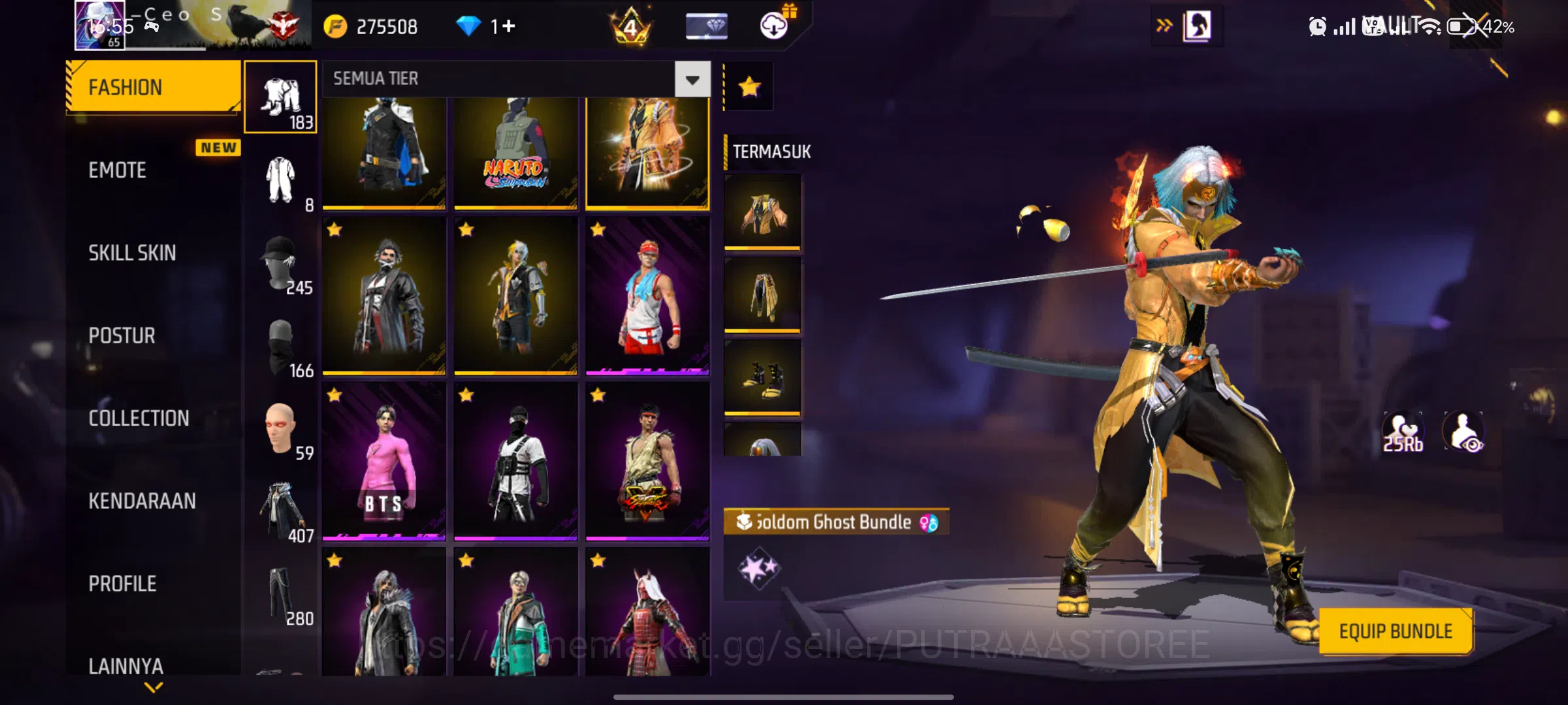 Free Fire Accounts FOR INDONESIA | SET BUDI 01 GAMING | SET WISANA | OUTFIT TOTAL 1422 | BUNDLE NARUTO | BUNDLE BTS | EVO 20