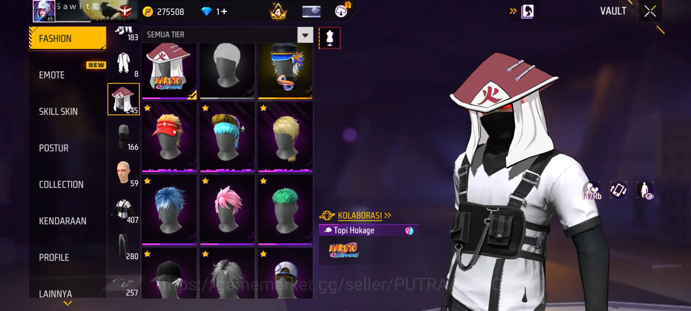 Free Fire Accounts FOR INDONESIA | SET BUDI 01 GAMING | SET WISANA | OUTFIT TOTAL 1422 | BUNDLE NARUTO | BUNDLE BTS | EVO 4