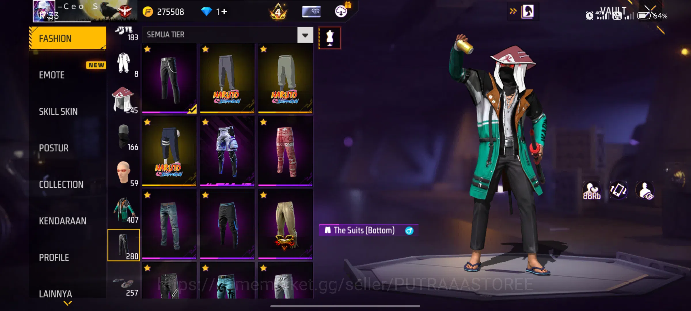 Free Fire Accounts FOR INDONESIA | SET BUDI 01 GAMING | SET WISANA | OUTFIT TOTAL 1422 | BUNDLE NARUTO | BUNDLE BTS | EVO 7