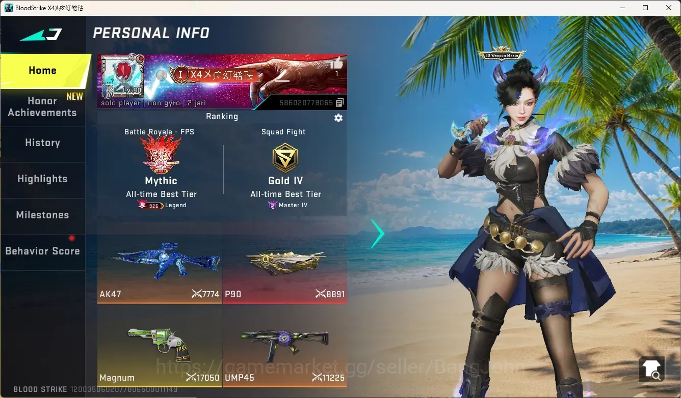 Blood Strike Accounts Collab Skin ASIA|3 Eternal Gun:P90-Empyrean,MP7-Tidesong,D.Eagle|2 Ultra Melee|Evo:Fal-Evolved|5 1