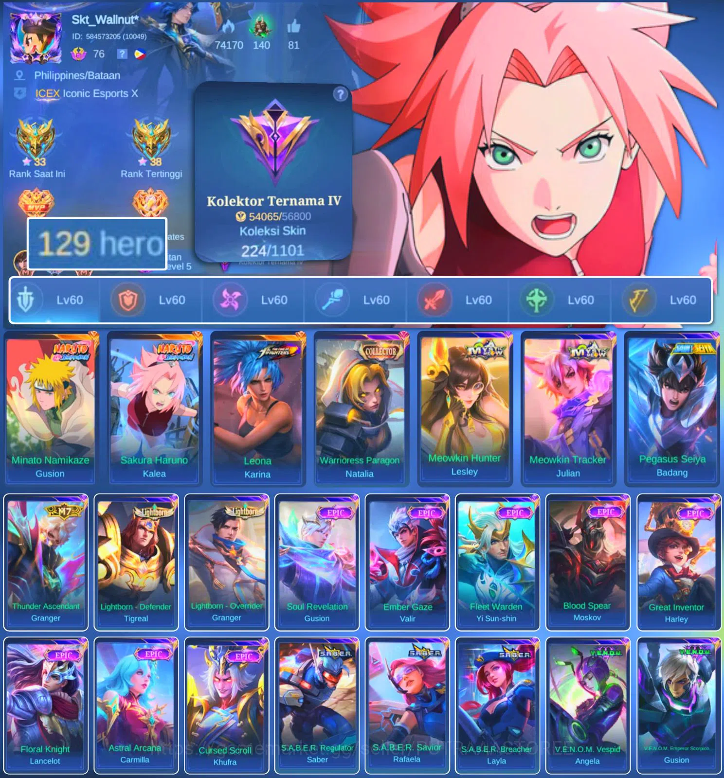 Mobile Legends: Bang Bang Accounts HERO 129 SKIN 224 | EMBLEM ALL MAX| MINATO GUSION| image 1