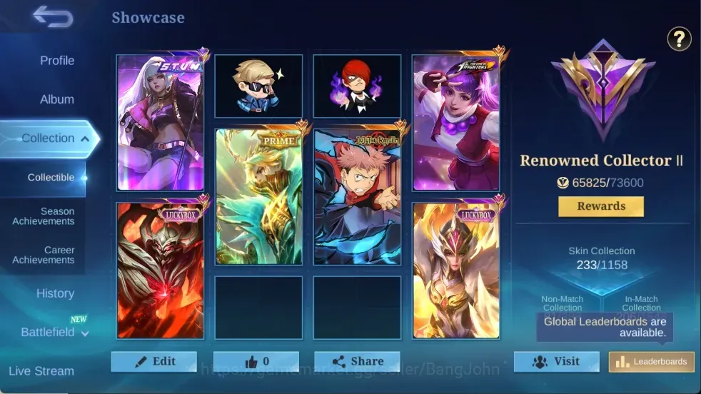 Mobile Legends: Bang Bang Accounts Rare Skin Global|233 Skin|Renowned|JejutsuKaisen Yin,KOF Guinevere Karina,PRIME 1