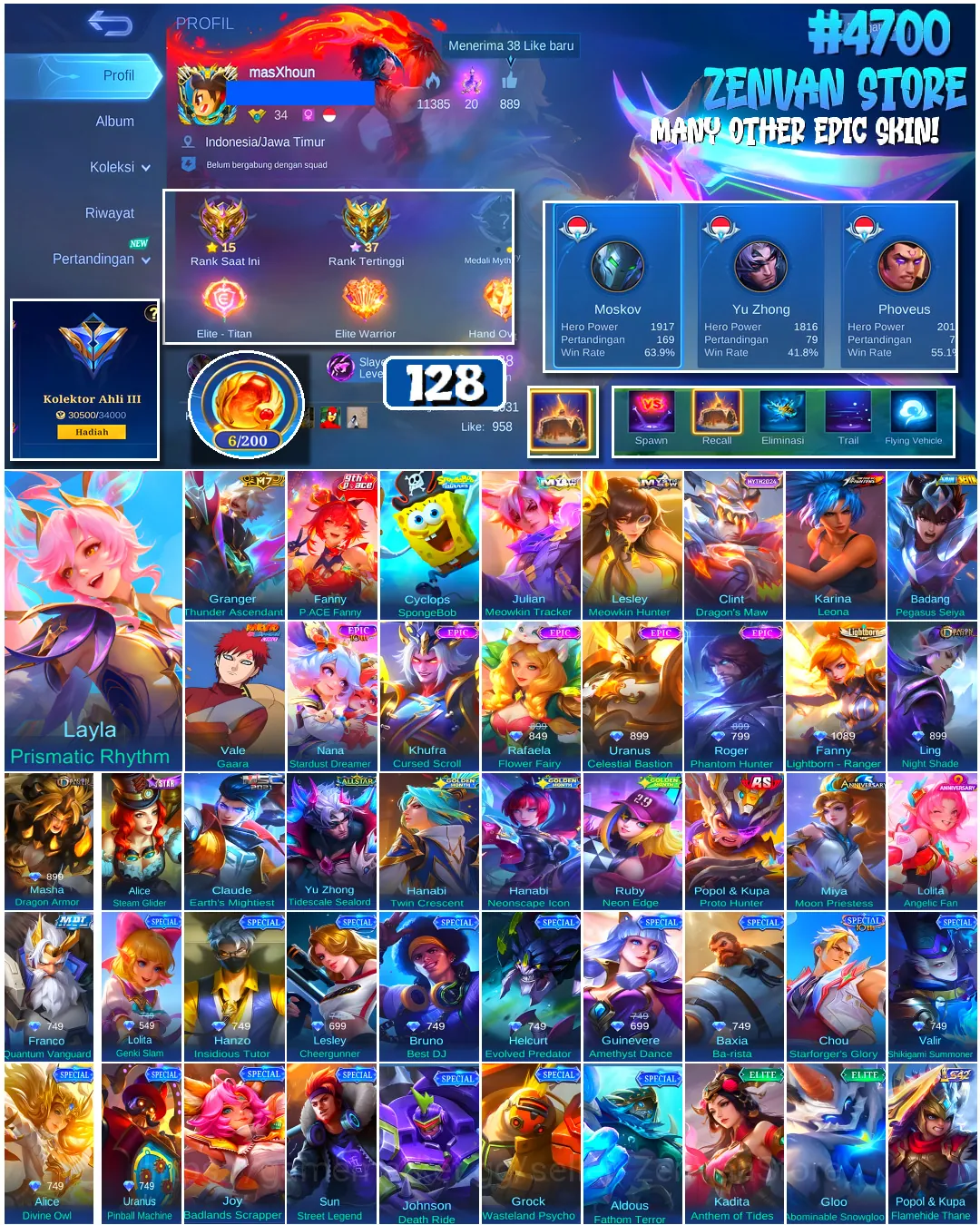 Mobile Legends: Bang Bang Accounts #4700 128 Skins | Karina Leona (KOF) | Badang Pegasus Seiya (SAINT SEIYA) | Cyclops 1
