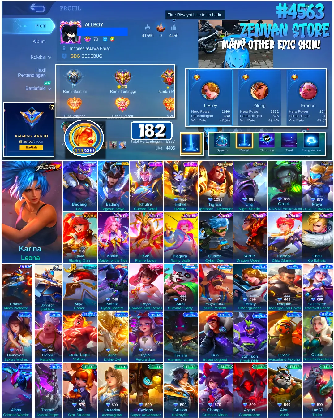 Mobile Legends: Bang Bang Accounts #4563 182 Skins | Karina Leona (KOF) | Badang Pegasus Seiya (SAINT SEIYA) | Irithel 1