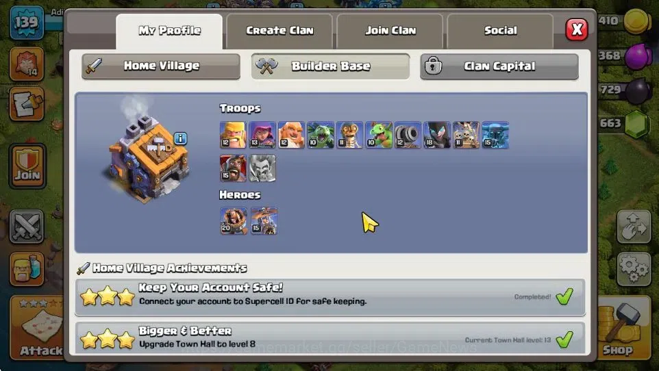 Clash of Clans Accounts Others TH 13-BH 9|LV 139|HH 7|BK 60,AQ 66,GW 41,MP 30,RC 14|BM 20,BC 15|663 Gem|CN OFF|Take 5