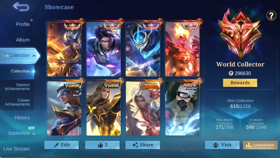 Mobile Legends: Bang Bang Accounts Rare Skin Global|615 Skin|World|4 LEGEND Skin,Dawning Lancelot Bruno,KAKASHI,11.11 1