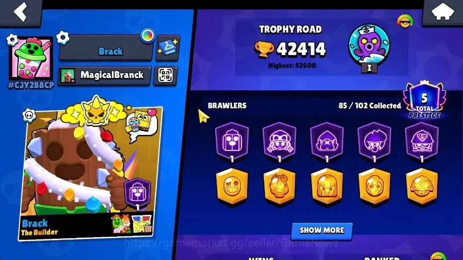 Brawl Stars Accounts 42414 Trophy|85 Brawlers 22 Max Lvl|UL Kaze|258 Skins|5 hypch Skin 6 Legend 4 Myth 41 Epic|40K Bling 2
