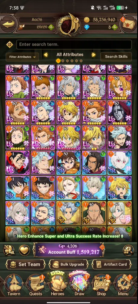 The Seven Deadly Sins: Grand Cross Accounts Others Global | 1,519M CC | 4 UR Merlin Esca | Arthur | Meliodas | Zeldris | LR 9