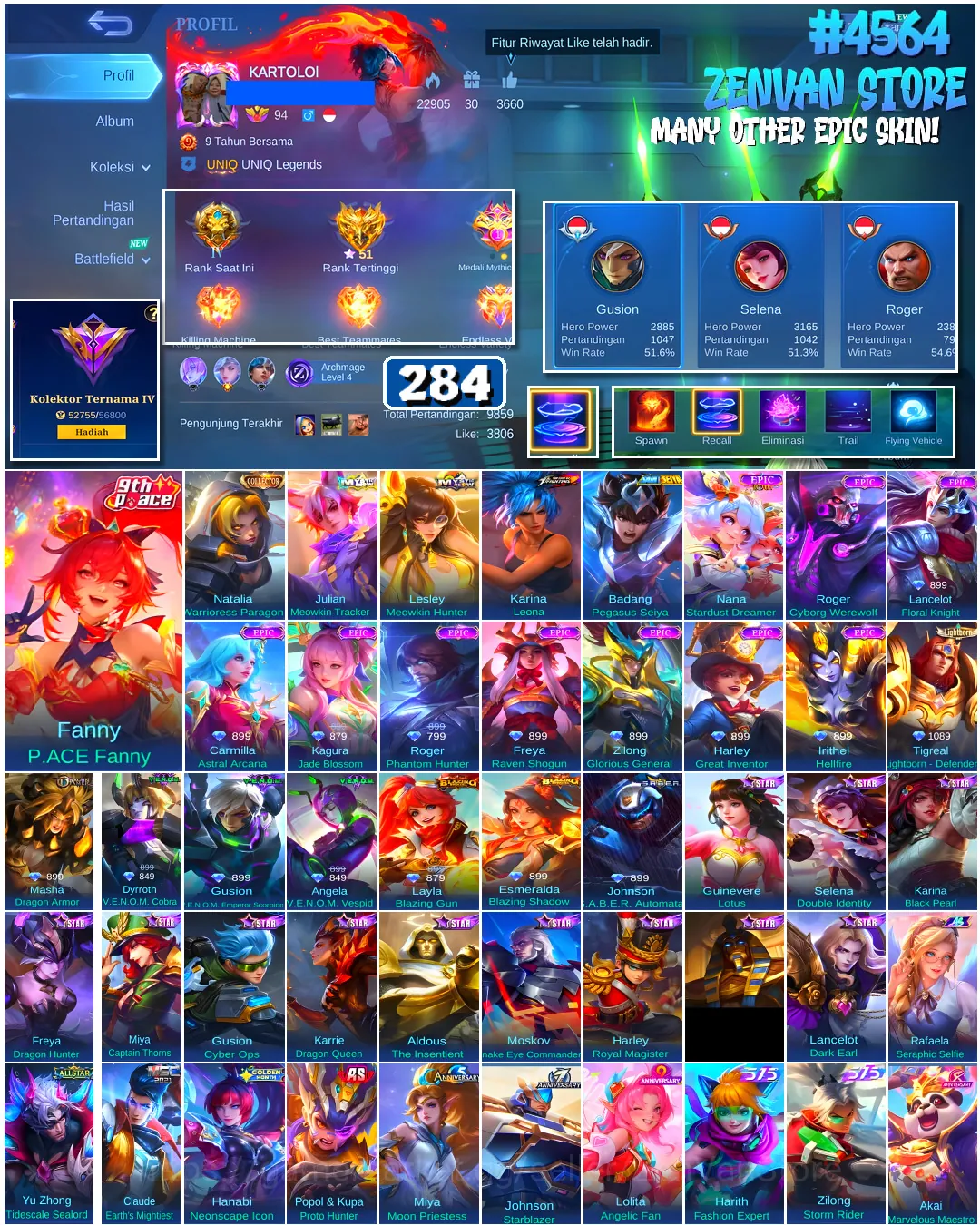 Mobile Legends: Bang Bang Accounts #4564 284 Skins | Fanny P.ACE Fanny (P.ACE) | Karina Leona (KOF) | Badang Pegasus Seiya 1