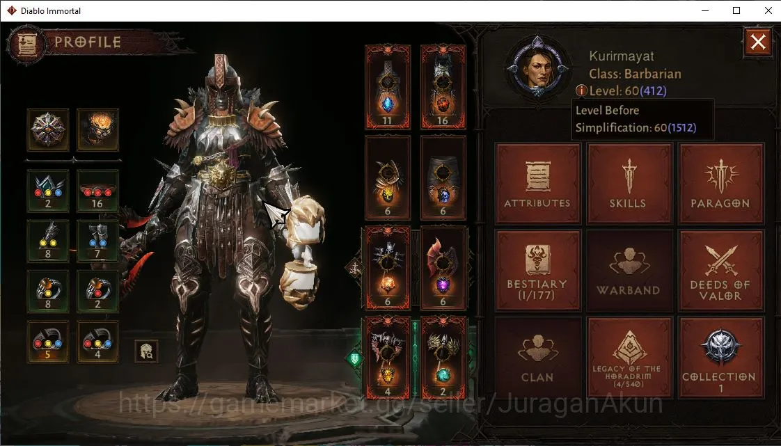 Diablo Immortal Accounts Mid-Tier NA - Chains Of Honor|Lv60(412)Barbarian|25k CR|Reso 450|Hell III|Paragon Slayer|Hell 4