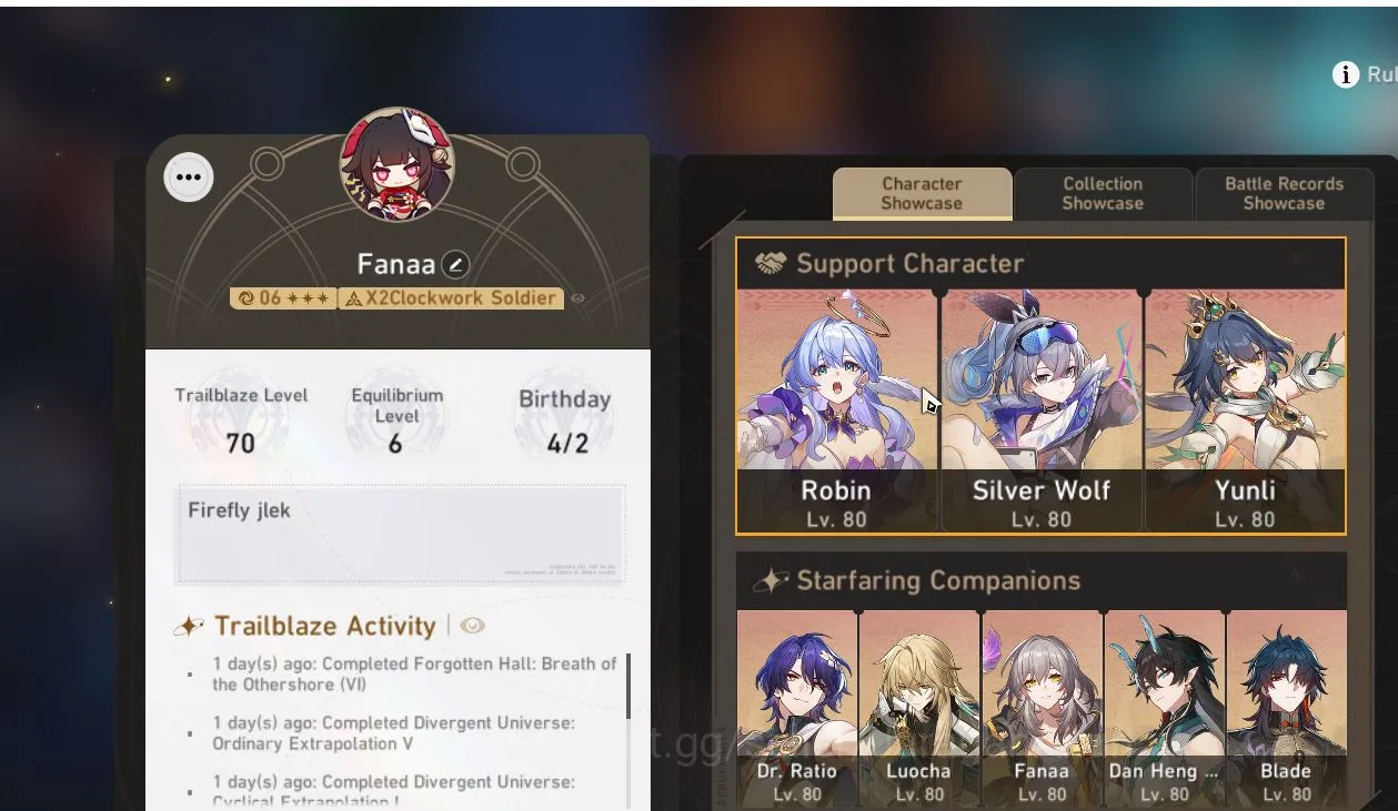 Honkai Star Rail Mid Game ASIA [TL70] 10 limited (Castorice, Ruan Mei, Robin image 1