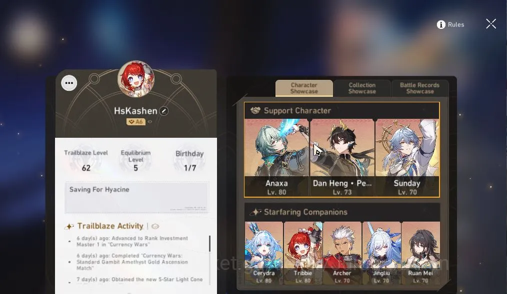 Honkai Star Rail Accounts Mid Game Asia| TL 62 | 9 limited |B3+Sign,Dante+Sign,Cerydra,Sunday,Jingliu,Ruan Mei,Etc|Mc 3