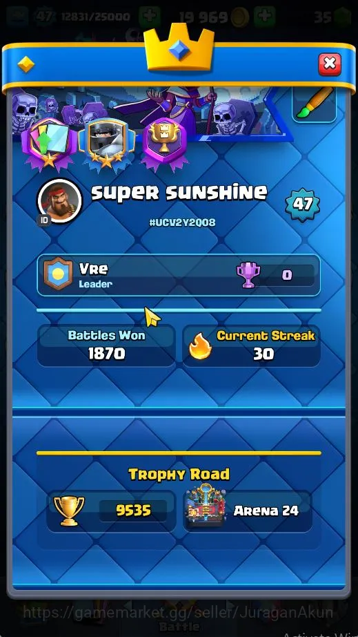 Clash Royale Accounts High-End Lvl47|Trophy 9535|Limited Skin|KTL 14|Card 121|13 EVO,8 Champion,21 Legend,33 Epic,30 Rare,29 2