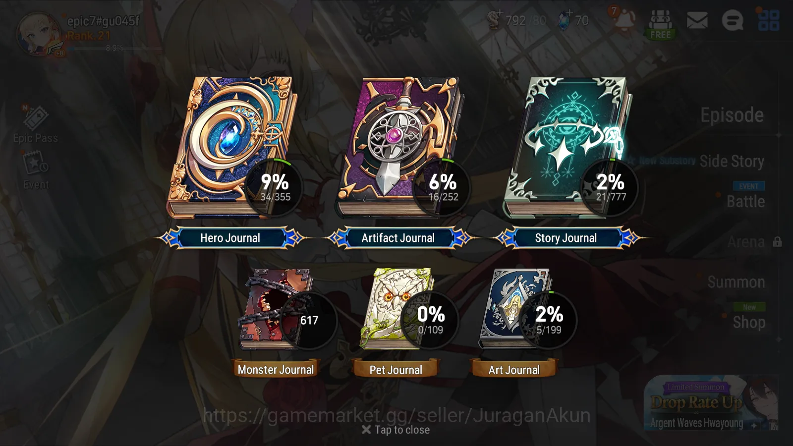 Epic Seven Accounts Starter Global Unverif|Starter 4ML (FLidica, MChloe, PCFlan, EWLudwig) + Fenne|Poh ON|Free CN|Log 6