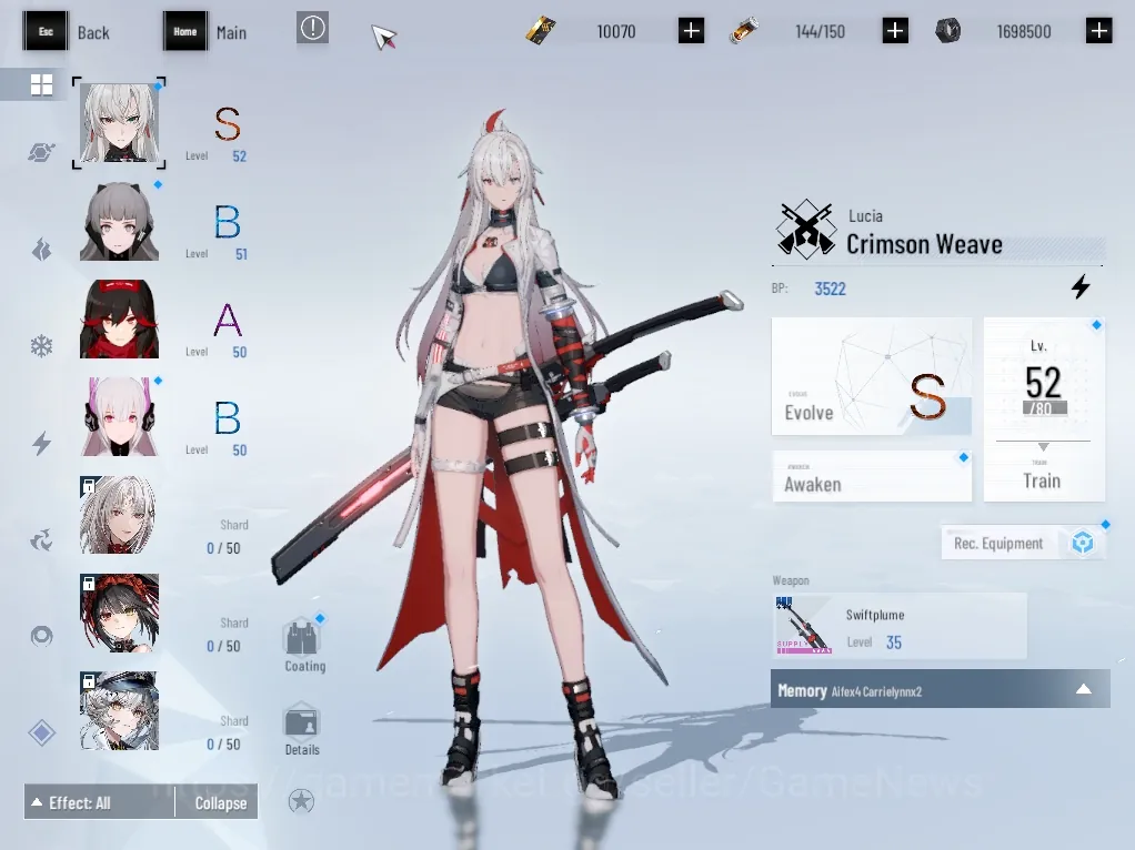 Punishing: Gray Raven Accounts Others EU |Lv 51| S Lucia Crimson Weave |10k BC +3k YC +5k BlueC|1 S Omniframe, 1 Wpn 1