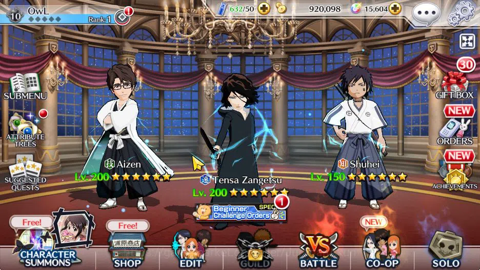 Bleach: Brave Souls Accounts Mid-Tier [GLOBAL]15K Orbs+Fresh All Story|Lv 200(Tensa,Aizen Fierce),Nnoitora Hidden,Shuhei