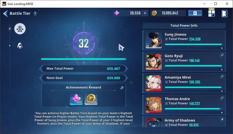 Solo Leveling: ARISE Accounts 655k Power + 26k 3