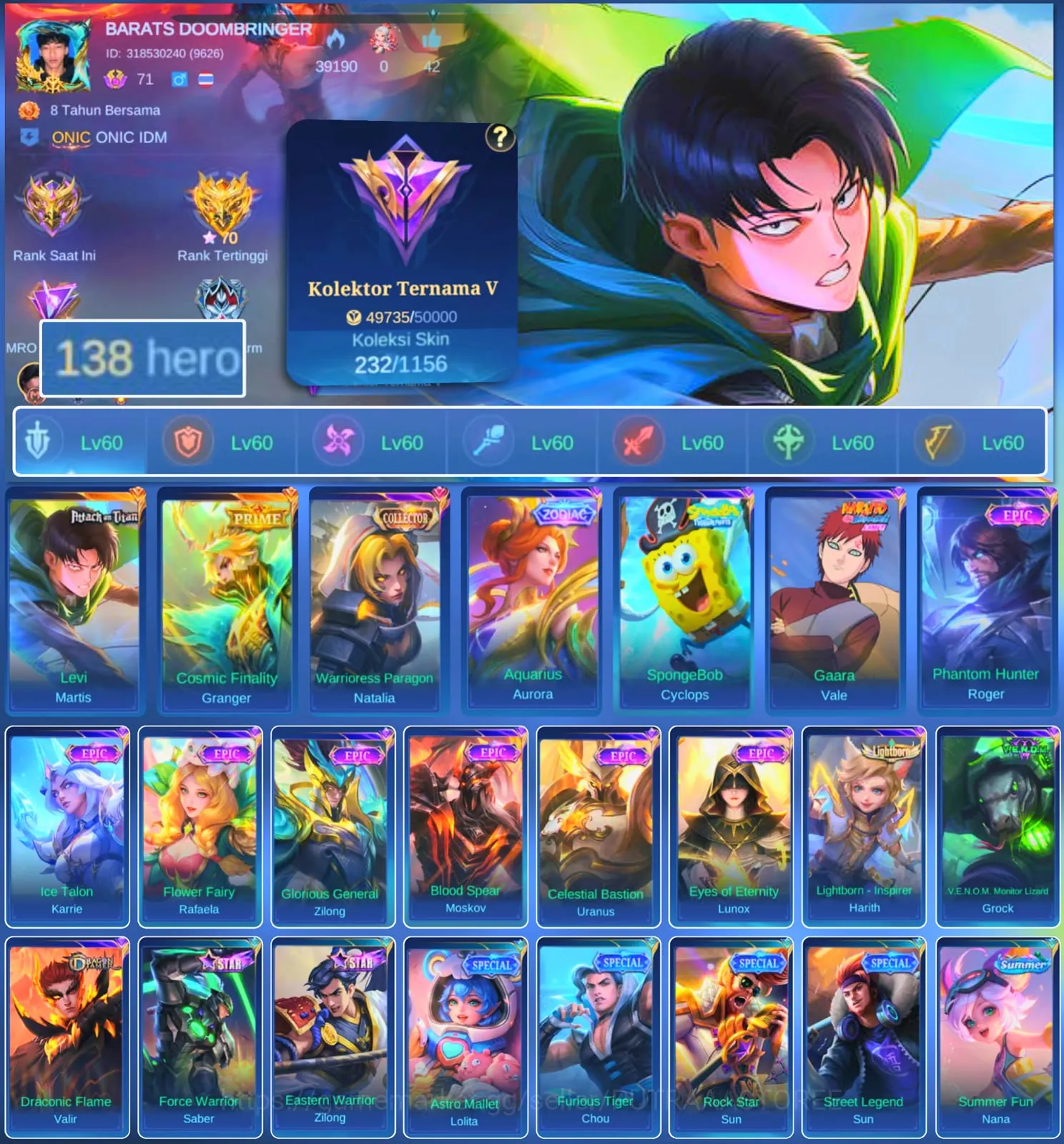 Mobile Legends: Bang Bang Accounts Others HERO 138 SKIN 232 | EMBLEM ALL MAX| LEVI MARTIS| PRIMER GRENGER| ZODIAK AURORA 1