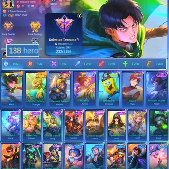 Mobile Legends: Bang Bang Accounts Others HERO 138 SKIN 232 | EMBLEM ALL MAX| LEVI MARTIS| PRIMER GRENGER| ZODIAK AURORA