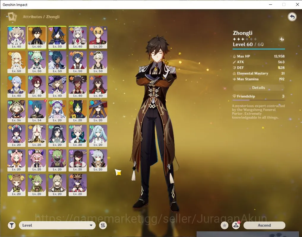 Genshin Impact Accounts Mid Game ASIA|AR 34 | 3 Limited + 2 [5*Weapon]|Zhongli,Clorinde,Kamisato Ayato|MC female|Take 5