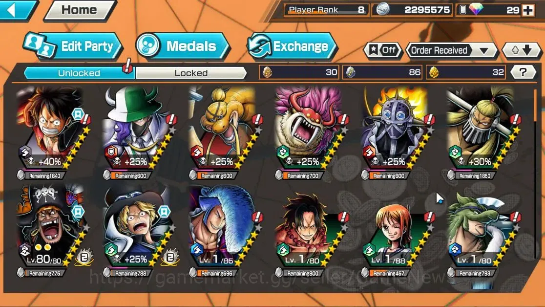 One Piece Bounty Rush Accounts High-End Global|4EX|TSCA Kaido,4Emperor Teach,Flame Emperor Sabo,BLackbeard Pirate Kuzan|Rank 4