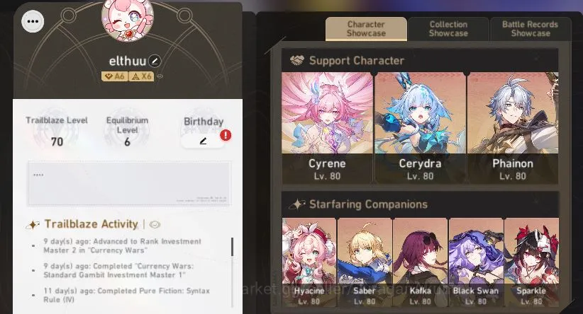 Honkai Star Rail Accounts End Game ASIA|TL 70|13 Limited |Hyacine+Sign,Saber+Sign,Cyrene,Phainon,Cerydra,Sparkle,Etc|MC 2