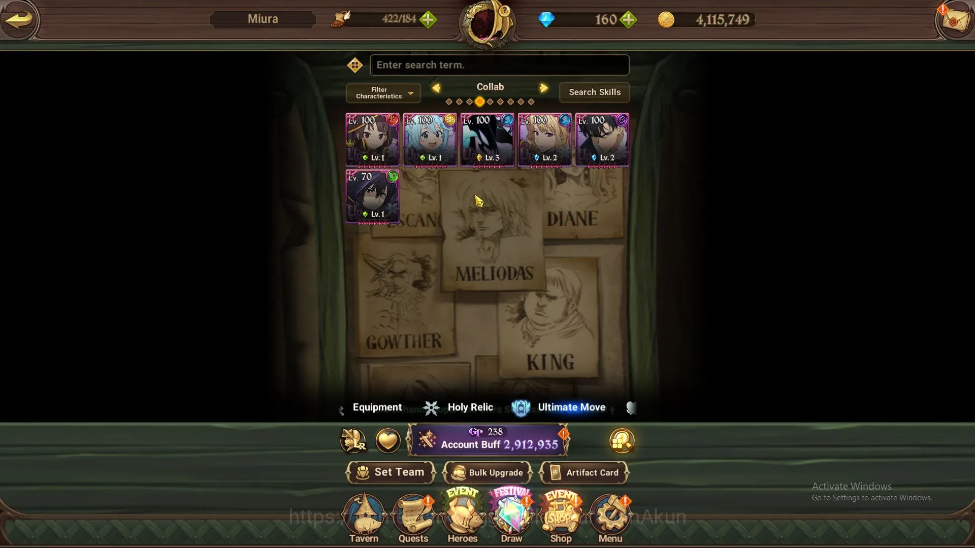 The Seven Deadly Sins: Grand Cross Accounts Midgame Asia|2,9M CC|6 UR + Many Collab + 160 Gems|ODK, K&D, Mael, Thor2/6 5