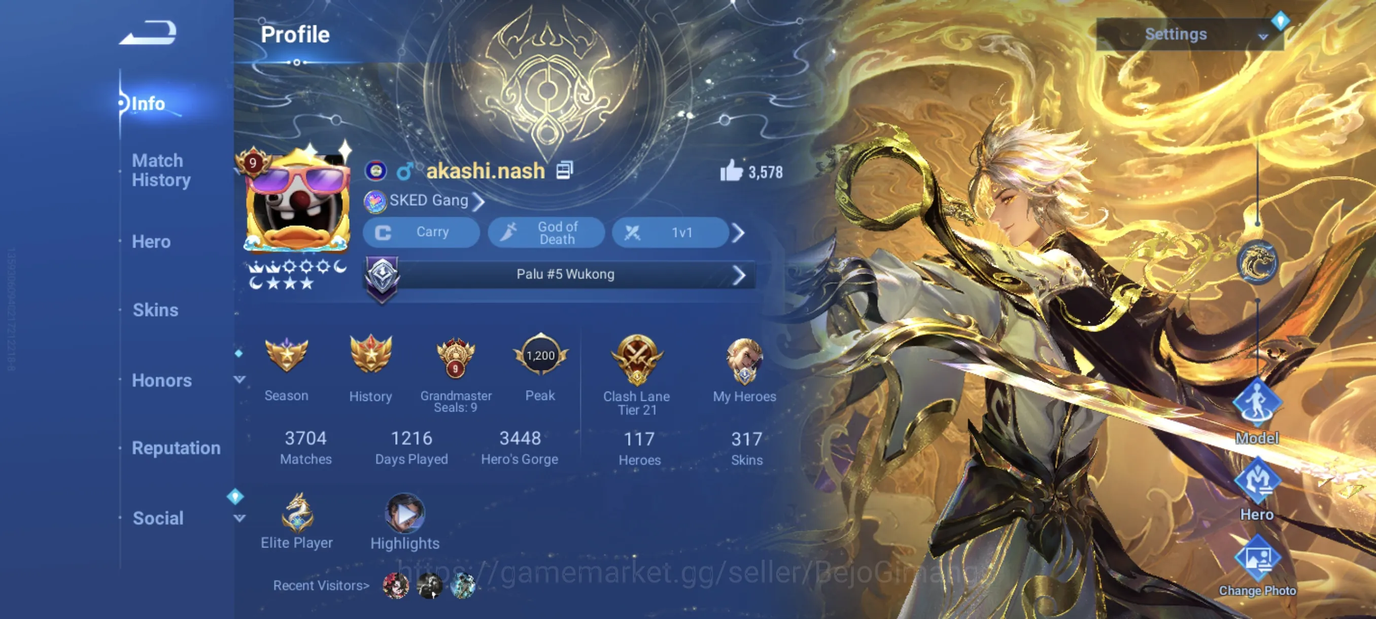 Honor of Kings Accounts Collector Global Hero 117 Skin 317:6 Flawless (Kongming,Mai,Li Xin,Yao,Kaizer,Xiao Qiao) 2JJK 1