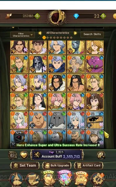 The Seven Deadly Sins: Grand Cross Accounts Midgame Asia|2,3M CC|1 LR+5 UR Collabs|Elizabeth,Demon 9