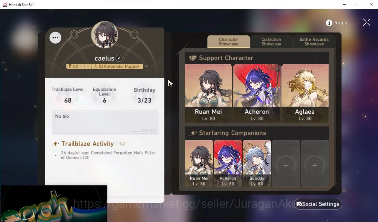 Honkai Star Rail Accounts Starter ASIA|TL 68 | 10 Limited |Acheron E1,Ruan Mei E1,Aglaea,Sunday,Feixiao,Maydei,Archer|MC 4