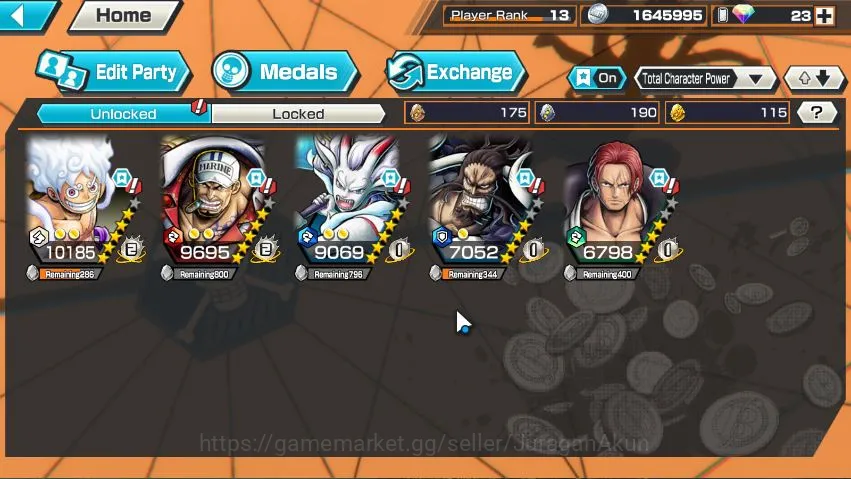 One Piece Bounty Rush Accounts Mid-Tier Global|5 META EX|Four Emperor Luffy,Sakazuki,Kaido,Yamato,Film Red Shanks|Rank 2