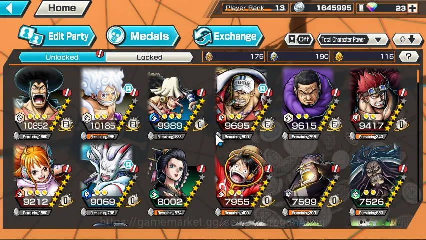 One Piece Bounty Rush Accounts Mid-Tier Global|5 META EX|Four Emperor Luffy,Sakazuki,Kaido,Yamato,Film Red Shanks|Rank 6